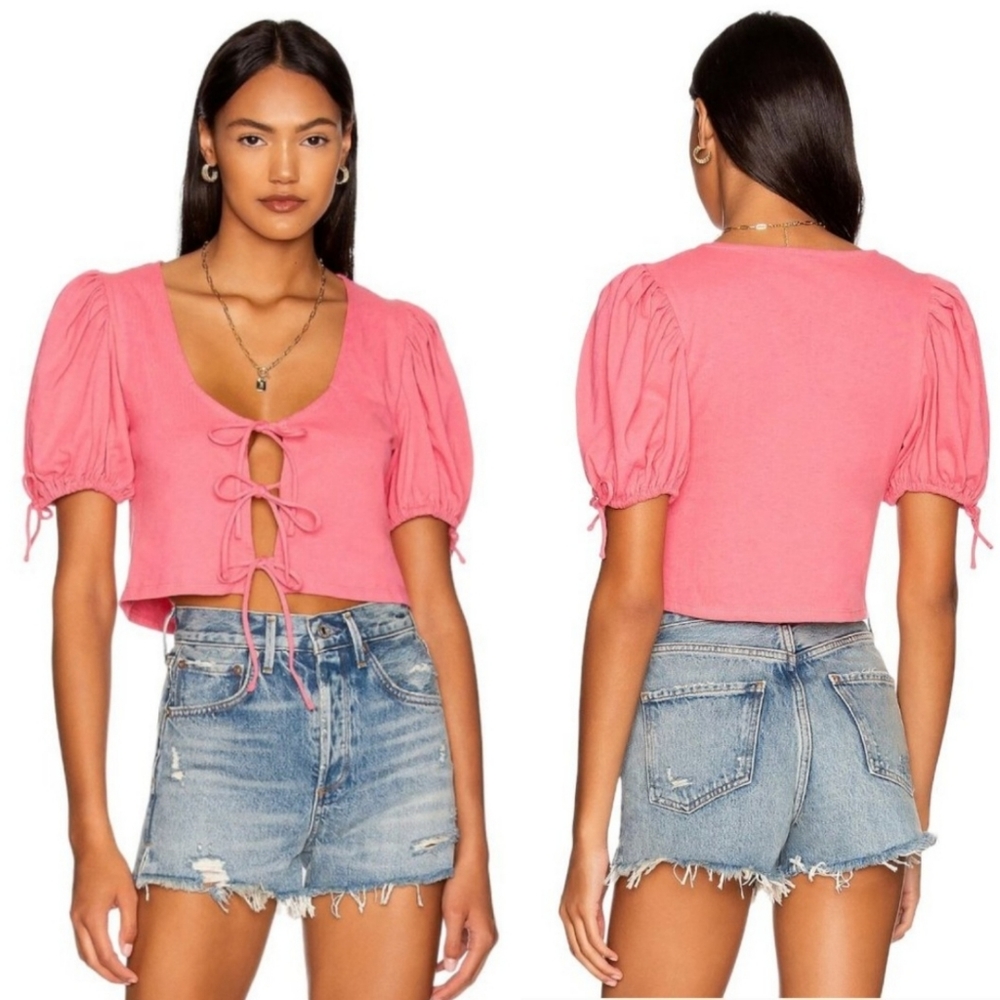 Free People Pink Tie-Front Puff Sleeve Crop Top